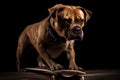 Studio shot of an adorable dog standing on a skateboard.