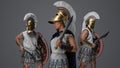 Greek female warlord with plumed helmet and two warriors