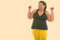 Studio shot of young happy fat Asian woman smiling and raising both dumbbells Royalty Free Stock Photo