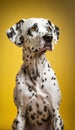 Studio shot of a beautiful Dalmatian dog sitting on yellow background.