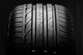 Studio shot of brand new car tire isolated on black background. close up Royalty Free Stock Photo