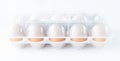Studio shot closed plastic tray with ten pastured raised chicken eggs isolate on white Royalty Free Stock Photo