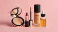 Elegant makeup products arranged on a pink background for beauty concepts Royalty Free Stock Photo