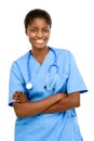 Your healing starts here. Studio shot of a confident young doctor posing against a white background. Royalty Free Stock Photo