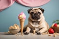 Studio shot of cute little pug enjoying strawberry and vanilla ice cream. AI generated