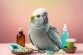 Studio shot of a cute parrot enjoying spa procedure, created with Generative AI technology