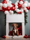 Studio shot of cute puppy. Merry Christmas and Happy New Year decoration - balls, balloons, toys and gifts around. X-mas postcard