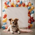 Studio shot of a dog with an empty whiteboard behind. A frame of multicolored balloons around. Copy space