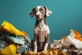 Studio shot of dog sitting in pile of garbage on colored background, created with Generative AI technology