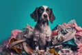 Studio shot of dog sitting in pile of garbage on colored background, created with Generative AI technology