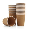 Stack of Brown Ripple Paper Coffee Cups with One Cup Lying Down on White Background disposable cup Royalty Free Stock Photo