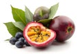 Passion Fruit Still Life with Blueberries and Leaves on White Royalty Free Stock Photo