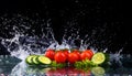 Studio shot with freeze motion of cherry tomatoes and slices of cucumber in water splash on black background Royalty Free Stock Photo