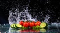 Studio shot with freeze motion of cherry tomatoes and slices of cucumber in water splash on black background Royalty Free Stock Photo