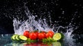Studio shot with freeze motion of cherry tomatoes and slices of cucumber in water splash on black background Royalty Free Stock Photo