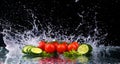 Studio shot with freeze motion of cherry tomatoes and slices of cucumber in water splash on black background Royalty Free Stock Photo