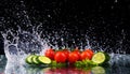 Studio shot with freeze motion of cherry tomatoes and slices of cucumber in water splash on black background Royalty Free Stock Photo