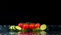 Studio shot with freeze motion of cherry tomatoes and slices of cucumber in water splash on black background Royalty Free Stock Photo