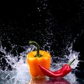 Studio shot with freeze motion of peppers in water splash on black Royalty Free Stock Photo