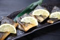 Studio shot of grilled atka mackerel with lemon on dark background Royalty Free Stock Photo