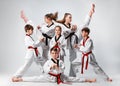 The studio shot of group of kids training karate martial arts Royalty Free Stock Photo