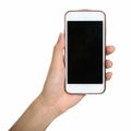 Portrait of hand holding smart phone against white background Royalty Free Stock Photo