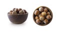 Studio shot of hazelnuts on white background. Heap of hazelnut in nutshell isolated on white. Nuts in a bowl with copy space for t Royalty Free Stock Photo