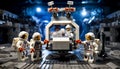 Studio shot of LEGO minifigure astronuats with computer, science equipment, and rover. Nasa Lego