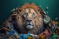 lion inside pile of garbage on colored background, created with Generative AI technology