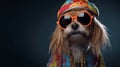 Studio shot of a little dog dressed as hippie with sunglasses.