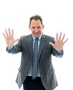 Studio shot of middle aged business strategist speaker leading a meeting discussing ideas