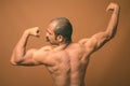 Muscular Indian man with mustache shirtless against brown background