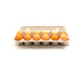 Studio shot open carton box of dozen pasture raised eggs isolate