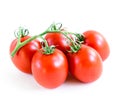 Studio shot organic five on vine ripened Roma tomatoes isolated on white background Royalty Free Stock Photo