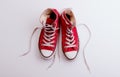 A studio shot of pair of canvas shoes on white background. Flat lay.