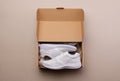 A studio shot of pair of running shoes in paper box. Flat lay.