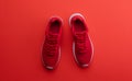 A studio shot of pair of running shoes on red background. Flat lay.