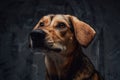 Single brown furred dog posing against dark background