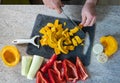 studio-shot of preparing lunch for the family. cooking pumpkin soup in a modern kitchen Royalty Free Stock Photo