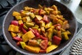 studio-shot of preparing lunch for the family. cooking pumpkin soup in a modern kitchen Royalty Free Stock Photo