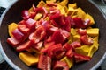 studio-shot of preparing lunch for the family. cooking pumpkin soup in a modern kitchen Royalty Free Stock Photo