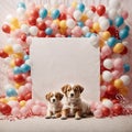 Studio shot of puppies with an empty white poster sign. A frame of multicolored balloons around. Copy space