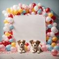 Studio shot of puppies with an empty white poster sign. A frame of multicolored balloons around. Copy space