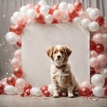 Studio shot of a puppy with an empty poster sign. A frame of multicolored balloons around. Copy space