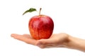 Studio shot of red apple with leaf on hand Royalty Free Stock Photo