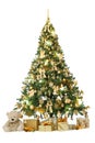 Studio shot of a Christmas tree with golden ornaments isolated on a white background with lighst and a presents