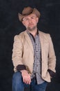 Studio shot serious man in a cowboy`s hat on dark background