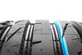 Car tire isolated on black background. Tire stack. Car tyre protector close up. Black rubber tire. Brand new car tires. Close up b Royalty Free Stock Photo