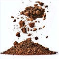A studio shot of falling brown dirt clods and a pile of dirt against a white background surface Royalty Free Stock Photo
