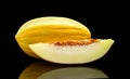 Studio shot of sliced Canary melon isolated black Royalty Free Stock Photo